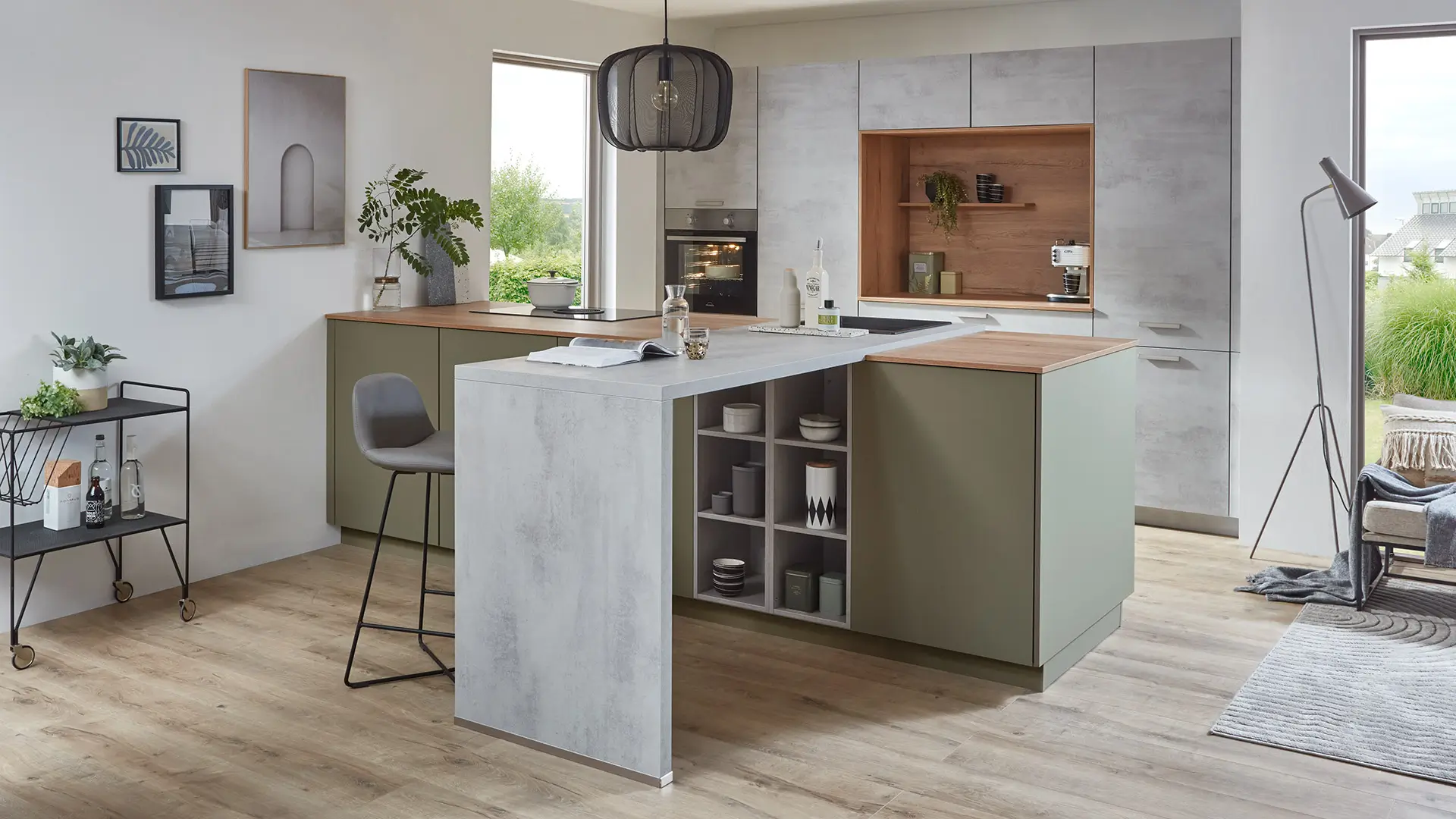 Moderne nobilia®-Küchenkombination Senso mit Fronten in Beton grau Nachbildung und Lack, Olive Premium matt